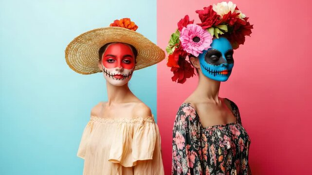 Two women in traditional makeup and floral hats, back-to-back, on colorful split background