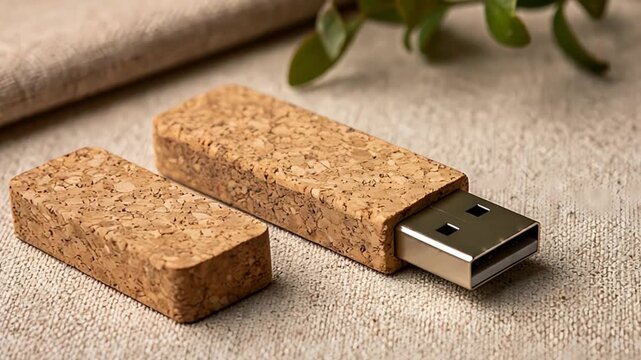 Cork USB flash drive with metal connector on a natural fabric background. Emphasizing eco-friendly technology and data archiving