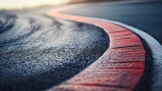 Close-up of wet racetrack curve with red and white curb