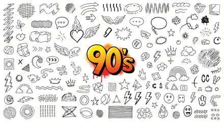 Obraz premium Vector art of diverse collection of 90s doodle elements including speech bubbles, lightning bolts, hearts, wings, stars, rainbows, and various abstract shapes and symbols