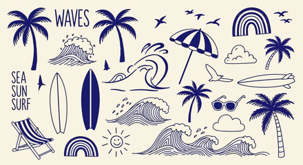 Vector art of collection of handdrawn beach and ocean elements including waves, palm trees, surfboards, and beach chair
