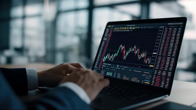 A stock market trading finance investment technology laptop business data analysis office professional digital chart graph economic modern workplace strategy risk success urban corporate financial - Powered by Adobe