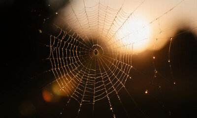 Naklejka premium Dewdrops on Spiderweb Illuminated by Golden Sunrise Light