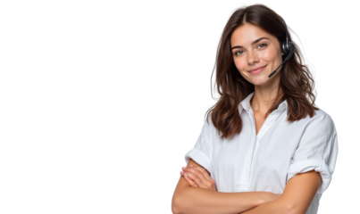 Friendly call center operator with a headset, arms crossed, ready to assist, isolated on white background