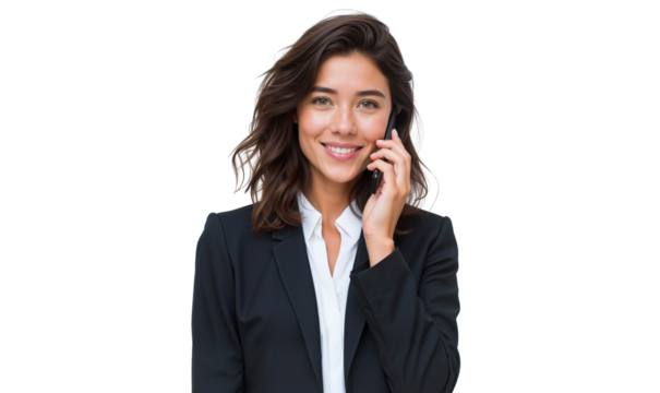 Smiling young businesswoman talking in a phone conversation, looking confident, isolated on transparent background