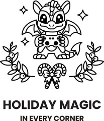 A black and white drawing of a dragon holding a controller