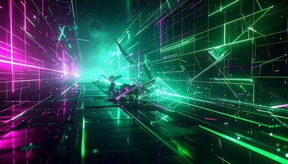 Dynamic futuristic digital tunnel with glowing pink and green neon lines and abstract fragmented data.