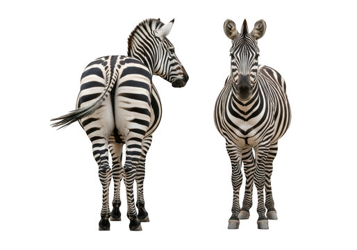 Two zebras standing isolated, front and back view, animal wildlife photography, zebra stripes, png image, clip art, stock photo isolated on transparent background