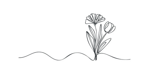 Single line drawing of blossoming flowers with wavy stem