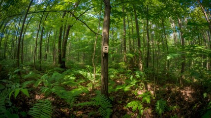 Fototapeta premium Wildlife trail camera monitoring deep summer forest