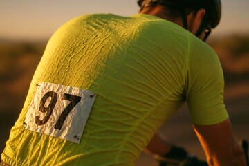Close-up on a cyclist back showing the stretched and wrinkled material of a high-visibility cycling jersey damp with sweat.