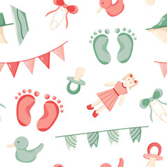 Seamless pattern for a gender reveal party. Vector illustration with baby toys and pacifiers, flags, and pins.