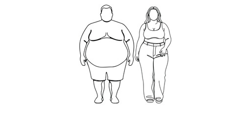 Medical line art illustration showing obese man and woman body shapes, depicting obesity concept for health, fitness, and medical education topics.
