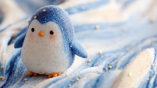 Cute blue penguin figurine on an abstract blue and white background