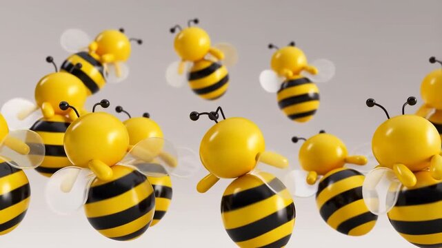 Swarm of cute cartoon bees flying together