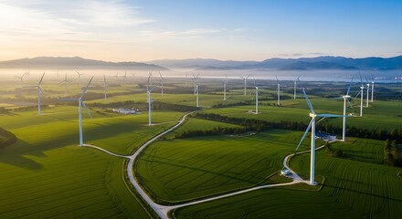Fototapeta premium Wind Turbines in Green Field Landscape at Sunrise.