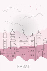 Rabat city poster with shapes of skyline, horizon, landmarks and mosque. Morocco vector illustration, thin line design for vertical brochure, website, flyer, presentation, book cover