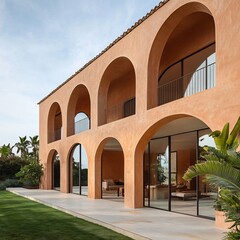 Exterior view of a modern house with arches and large windows on a sunny day, showcasing its unique design