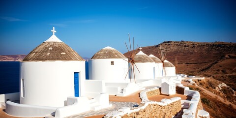 White windmills with thatched roofs on a hillside overlooking the sea under a clear blue sky