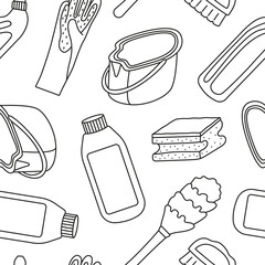 Vector seamless pattern with accessories for cleaning the house in doodle style. Drawing for various projects with equipment for cleaning.
