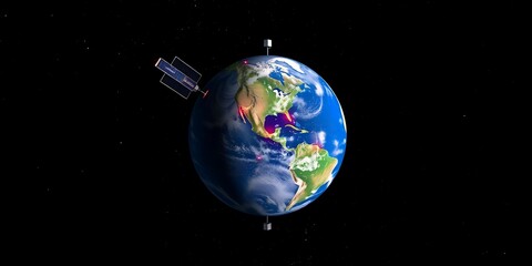 Satellite orbits Earth with glowing red hotspots indicating seismic activity and heat
