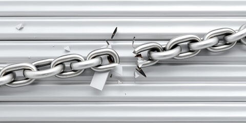 A heavy metal chain is broken with fragmented pieces scattering away broken chain