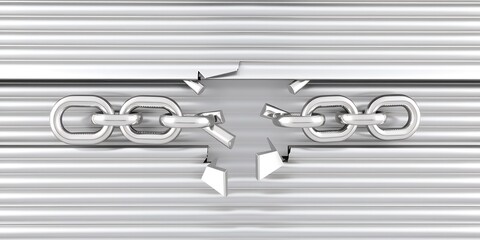 Silver chain links breaking apart against a horizontally ribbed metallic surface