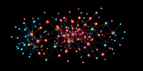 Interconnected glowing spheres and lines forming a complex network structure on a dark background
