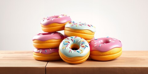 Stack of sweet donuts with pink and blue icing and colorful sprinkles on a wooden surface