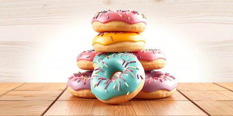 Stacked colorful donuts with sprinkles on a wooden surface against a bright background