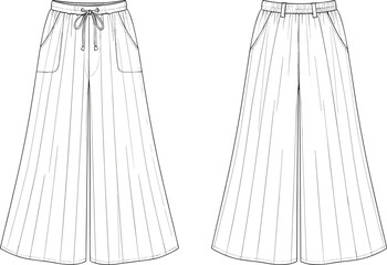 Wide leg pants fashion flat sketch, technical clothing design, front and back view, casual trousers, garment construction, cad drawing flat vector illustration