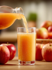 Fototapeta premium Apple juice being poured from the glass bottle into a glass.