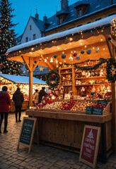 Illustration Christmas market stall with festive decorations, ornaments, and lights