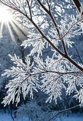 Ice-covered branches with glittering frost, morning sun rays shining