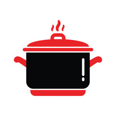 Steaming Pot Icon, Red Black Kitchen Cookware Illustration
