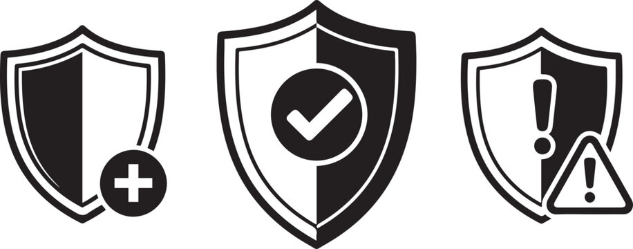 Three stylized shields representing security concepts protection verification and warning