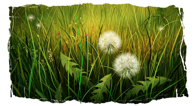 Illustration of dandelions in a field of grass with dew drops on blades isolated on transparent background