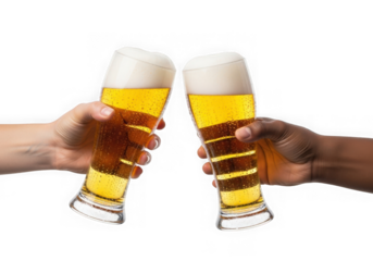 Two hands clinking glasses of beer together in celebration and toast isolated on transparent background