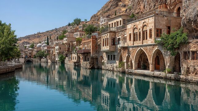 Historic Halfeti Town, Turkey: Traditional Architecture on Euphrates River with Turquoise Water and Hillside Views. A Scenic and Cultural Landmark.