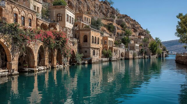 Historic Halfeti Town, Turkey: Traditional Architecture on Euphrates River with Turquoise Water and Hillside Views. A Scenic and Cultural Landmark.