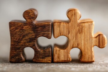 two wooden puzzles join together. teamwork concept. connect two puzzle pieces. partnership and integration. problem solving concept.