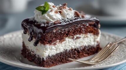 Rich Layered Chocolate Fudge Cake Dessert with White Icing and Whipped Cream. Indulgent and Decadent Treat.