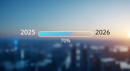 Future is Loading: Digital progress bar showing the transition from 2025 to 2026 at 70 percent, concept for a new year's goals and business planning.