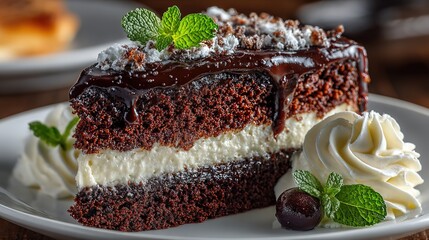 Rich Layered Chocolate Fudge Cake Dessert with White Icing and Whipped Cream. Indulgent and Decadent Treat.