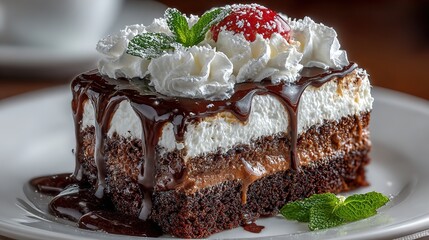 Rich Layered Chocolate Fudge Cake Dessert with White Icing and Whipped Cream. Indulgent and Decadent Treat.