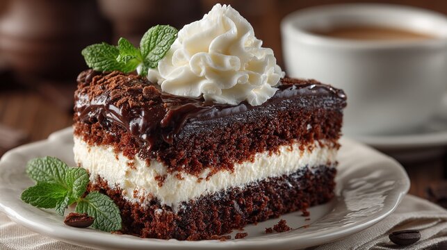 Rich Layered Chocolate Fudge Cake Dessert with White Icing and Whipped Cream. Indulgent and Decadent Treat.
