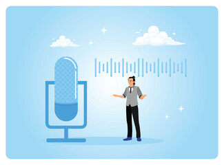 A man listens to a podcast or microphone broadcast.