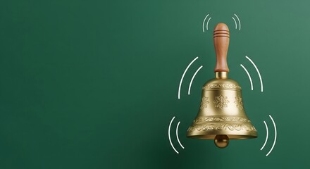 "Golden Handbell Vibrating on Deep Green Background with Motion Lines, Classic Holiday Bell Ringer Illustration Concept, Festive Christmas Symbol and Decorative Element for Seasonal Celebration"

