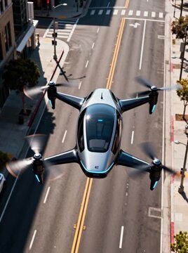 A futuristic drone hovers above a city street. The drone features four propellers and a sleek design. The urban environment includes buildings and a clear road.