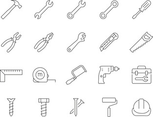 Collection of thin line icons representing various work tools and equipment